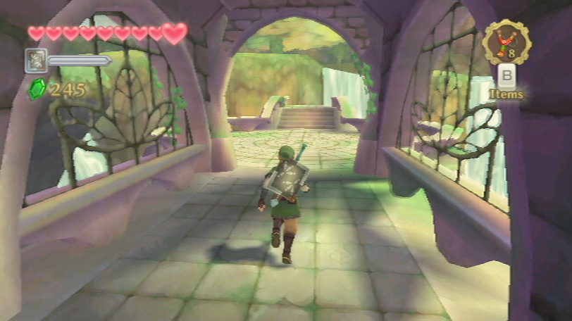 Link läuft durch einen überdachte Brücke im Wald in "The Legend of Zelda: Skyward Sword".