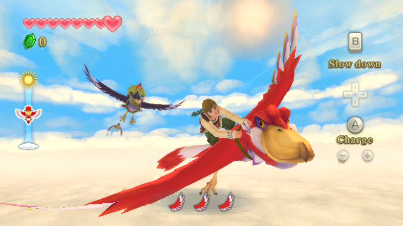 Link fliegt auf seinem Wolkenvogel, verfolgt von Groose, in "The Legend of Zelda: Skyward Sword".