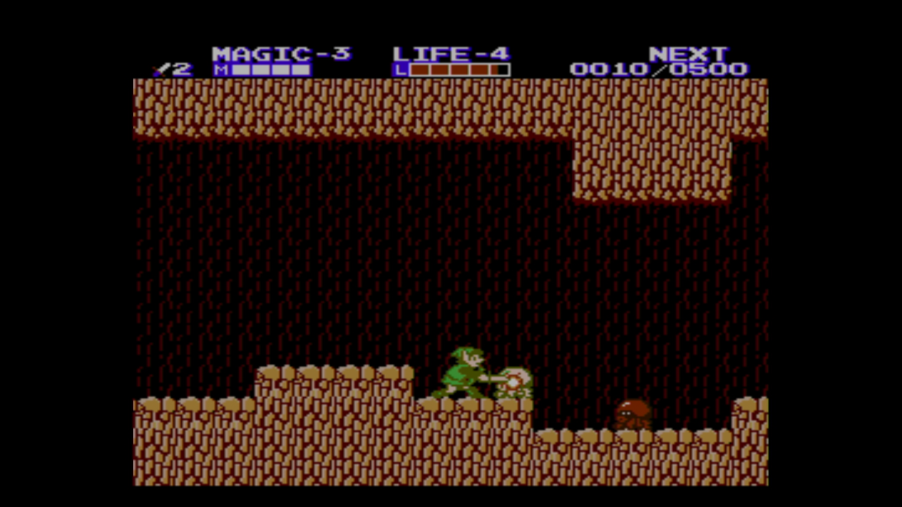 Link kämpft in einer Höhle gegen Oktorok-Landkraken (Bild aus Zelda II).