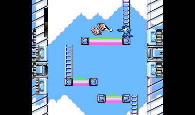 Mega Man kämpft in luftigen Höhen gegen fliegende Roboter in Mini-Planetenform (Bild aus Mega Man IV).