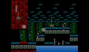 Simon Belmont bekommt es im nächtlichen Wald mit einer Riesenspinne und einem Skelett zu tun (Bild aus Castlevania II).