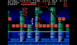 Alucard kämpft mittels geworfener Energiebälle gegen aus dem Wasser springende Fischmenschen (Bild aus Castlevania III).