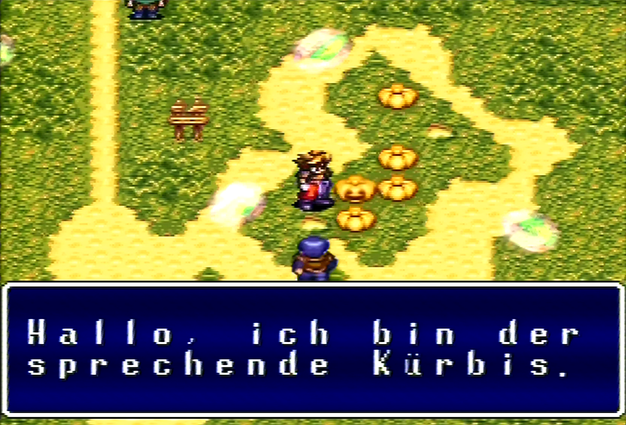 Ark spricht mit einem sprechenden Kürbis, welcher "Hallo, ich bin der sprechende Kürbis." sagt.