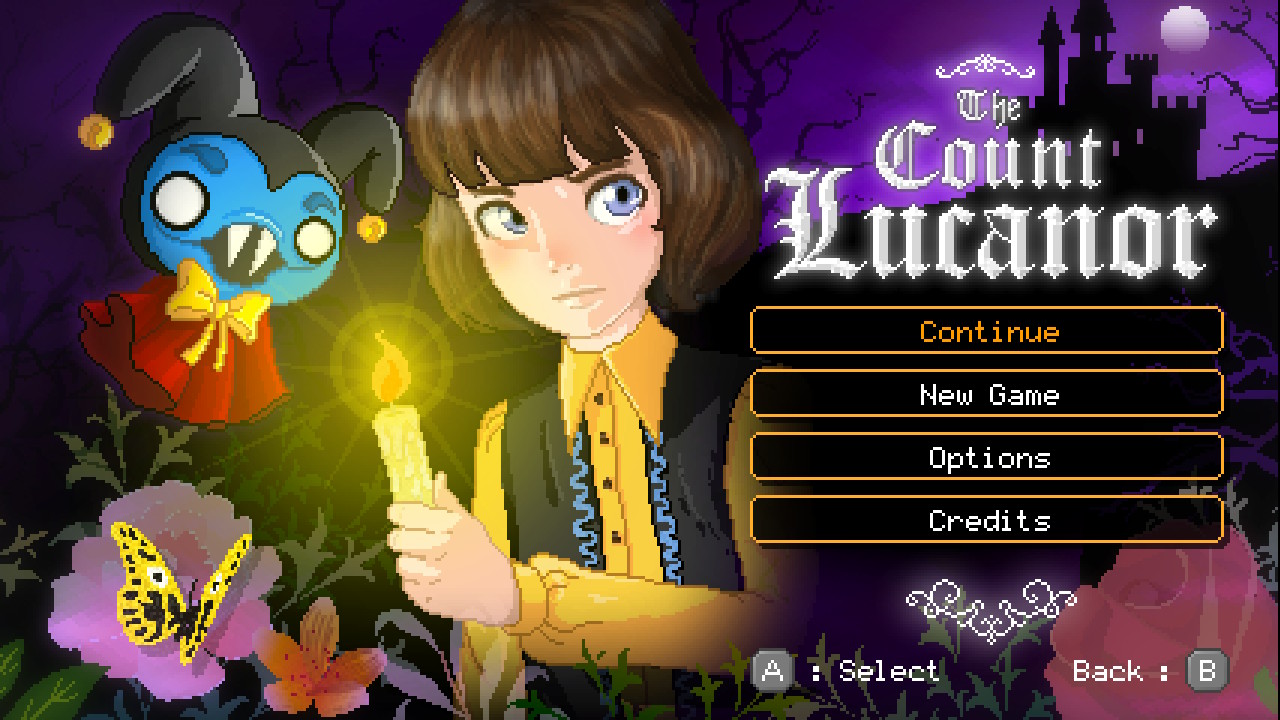 Das "The Count Lucanor"-Titelbild: Der mittelalterlich gekleidete kleine Hans blickt ängstlich mit einer brennenden Kerze in der Hand in die Kamera, neben ihm schwebt ein Kobold im Narrenkleid.