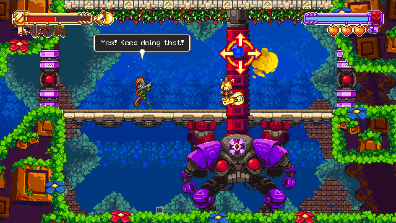 "Iconoclasts"-Ingame-Screen in detaillierter Pixeloptik: Robin und ihre Mitstreiterin Mina kämpfen gegen einen riesigen Roboter-Boss.