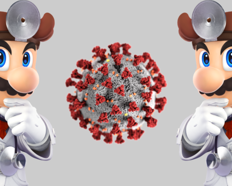 Zwei Dr. Marios untersuchen ein übergroßes Computer-Rendering des Coronavirus