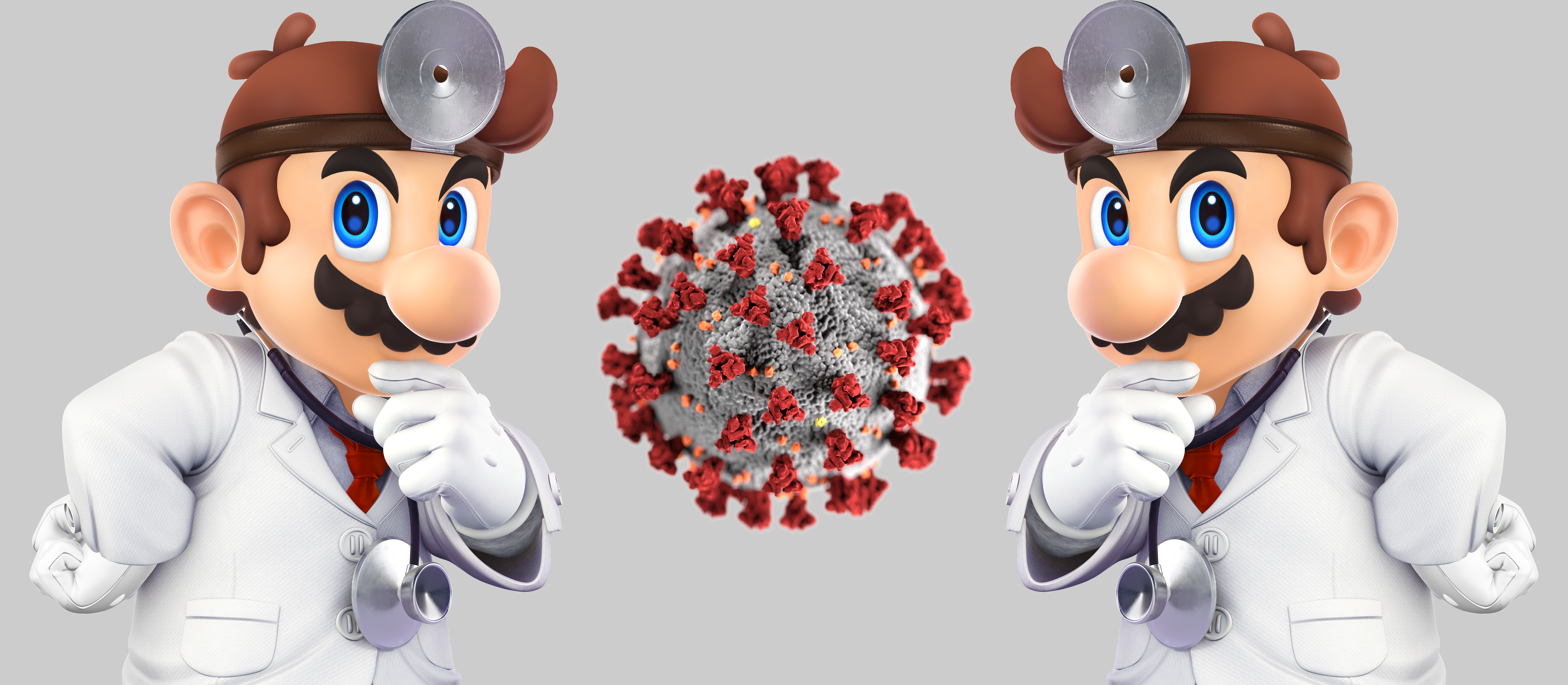 Zwei Dr. Marios untersuchen ein übergroßes Computer-Rendering des Coronavirus