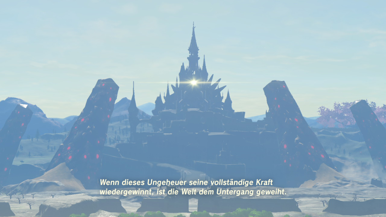 Eine Ansicht der Burg von Hyrule, darunter eine textliche Narration: Screenshot aus Breath of the Wild.