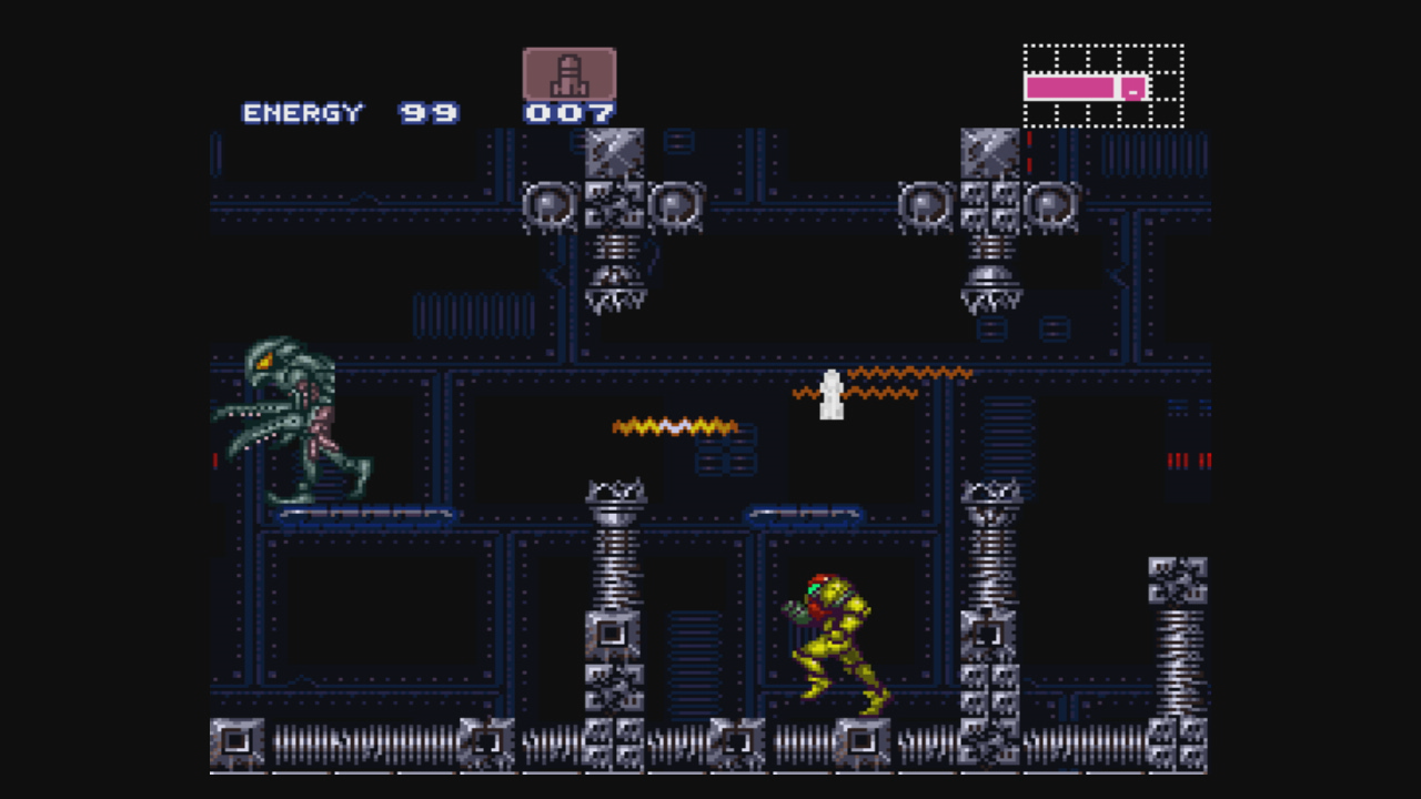 Samus kämpft in Ruinen gegen Weltraumpiraten: Screenshot aus Super Metroid.