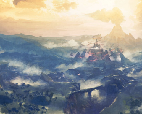 Eine Panorama-Ansicht von Hyrule mit der Burg im Zentrum: Ein Breath of the Wild-Artwork.