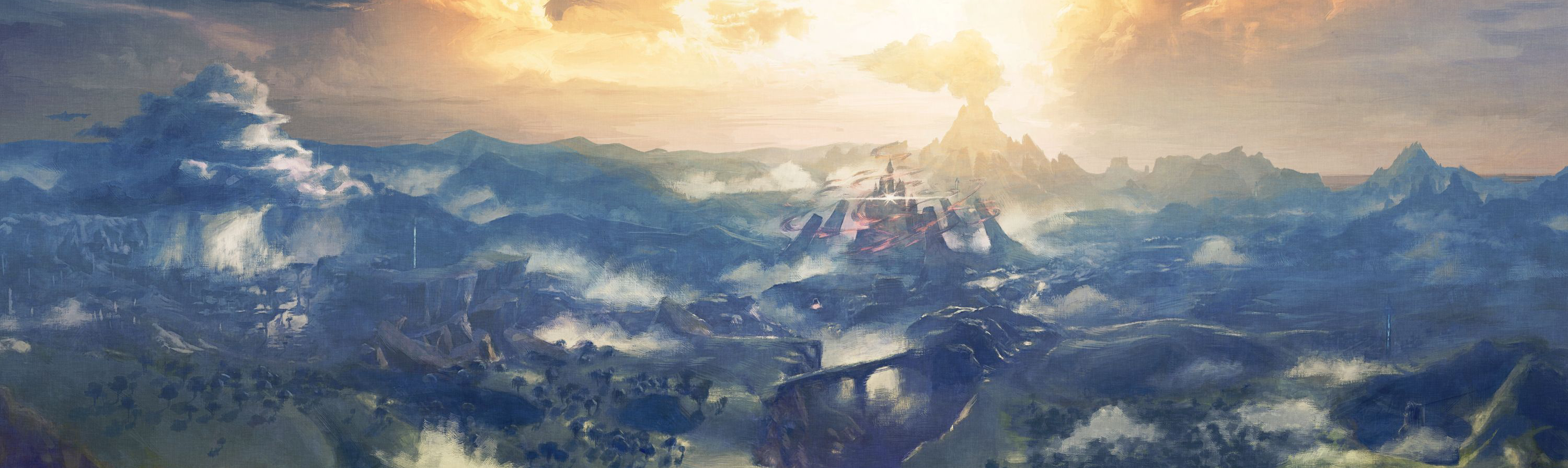 Eine Panorama-Ansicht von Hyrule mit der Burg im Zentrum: Ein Breath of the Wild-Artwork.