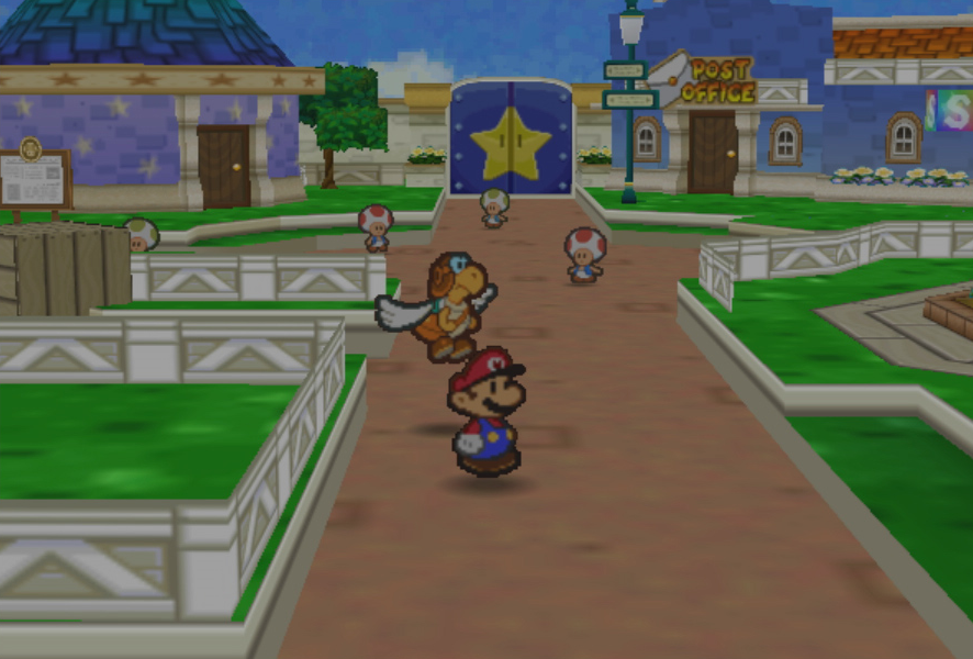 Mario und ein fliegender Post-Koopa erkunden Toad Town: Screenshot aus "Paper Mario".