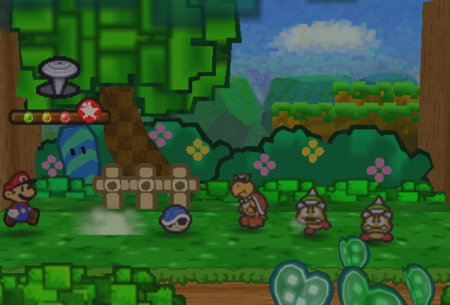 Mario und eine ihm freundlich gesinnte Koopa-Schildkröte kämpfen gegen Bowsers Armee: Screenshot aus "Paper Mario".