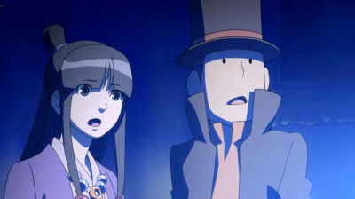 Layton und Maya blicken staunend off-screen: Videosequenzen-Schnappschuss aus "Professor Layton vs. Phoenix Wright".