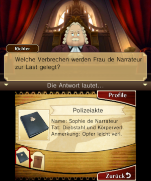 Ein Richter spricht mit Phoenix darüber, was seiner Mandantin zu Last gelegt wird: Screenshot aus "Professor Layton vs. Phoenix Wright".