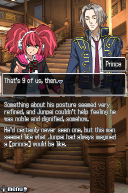 Junpei spricht an Bord eines Schiffes mit einem altmodisch gekleideten jungen Mann und einem modern gekleideten jungen Mädchen: Screenshot aus "999".