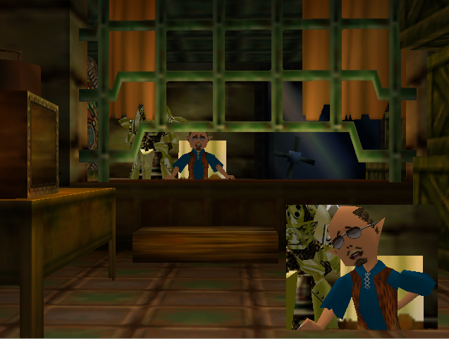 Ein Mann mit Sonnenbrille und Halbglatze hinter einem Verkaufstresen in einem wenig einladenden Shop: Screenshot aus "The Legend of Zelda: Majora's Mask".