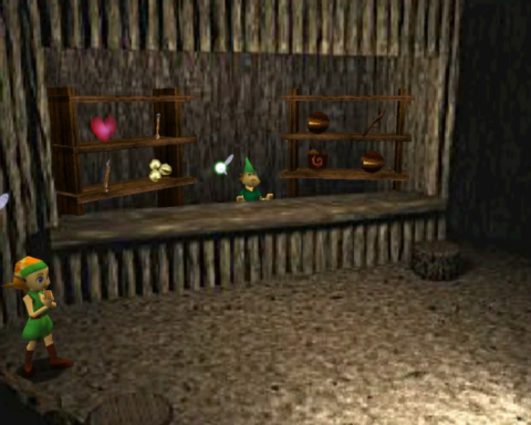 Ein idyllischer Laden in einer Waldhütte mit grüngekleidetem Verkäufer: Screenshot aus "The Legend of Zelda: Ocarina of Time".