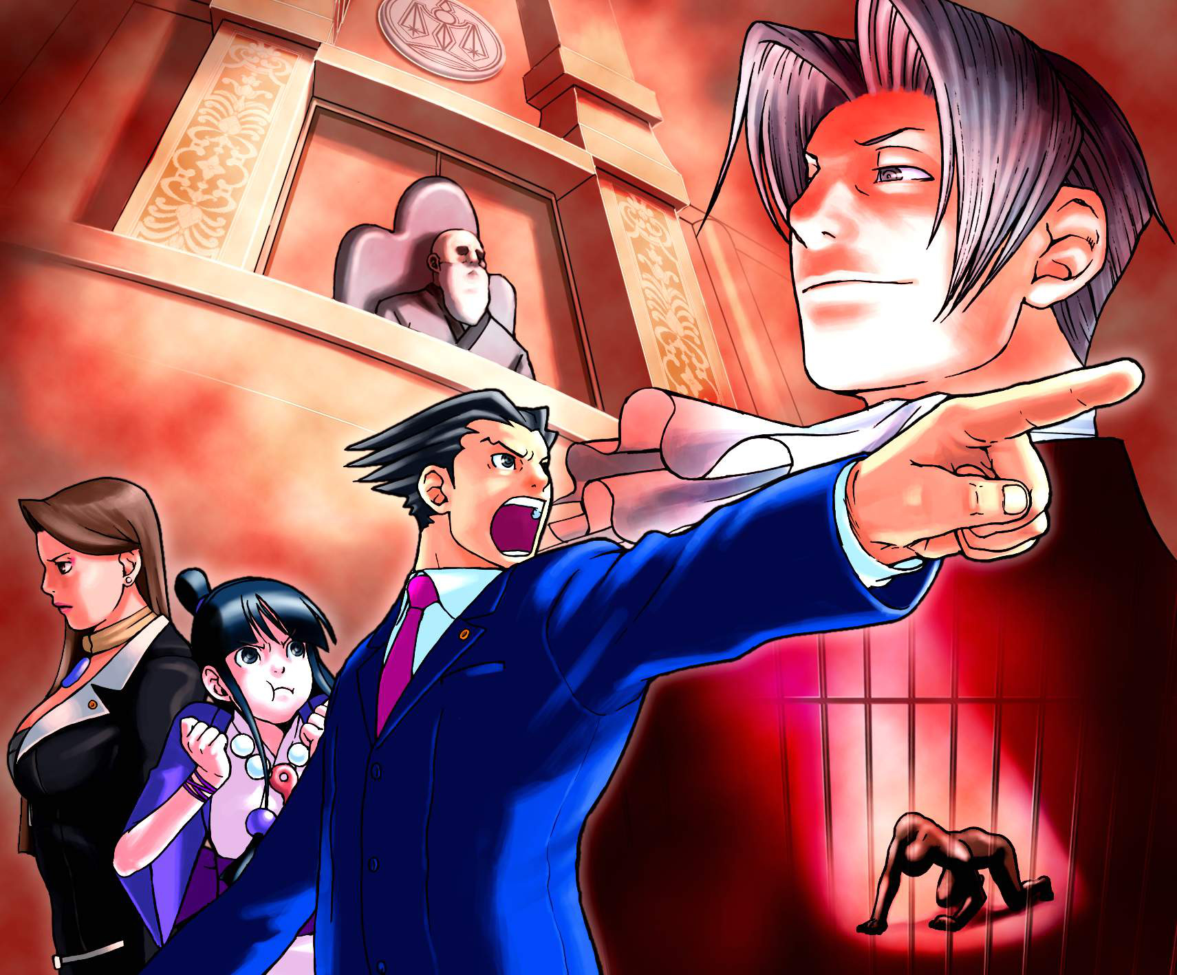 Ein Gruppenbild der wichtigsten Charaktere aus "Phoenix Wright: Ace Attorney" (Capcom).