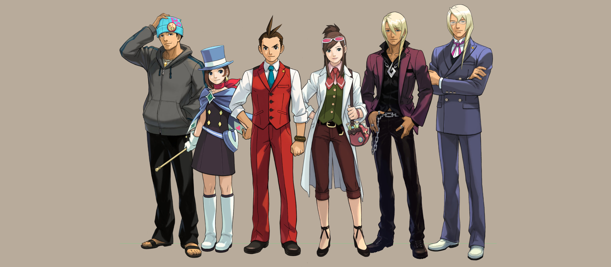 Ein Gruppenbild der wichtigsten Charaktere aus "Apollo Justice: Ace Attorney" (Capcom).