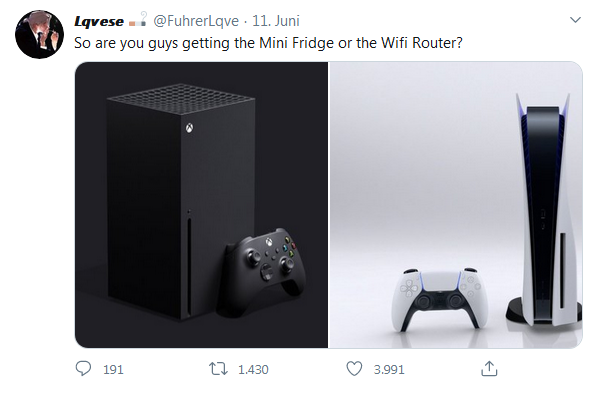 Tweet des Users "Lqvese": Fotos von PS5 und der neuen Xbox samt der Frage "So are you guys getting the Mini Fridge or the Wifi Router?"